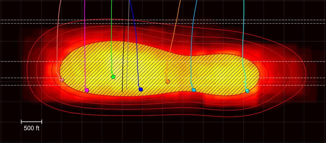 Cumulative fracture conductivity map in gun barrel view